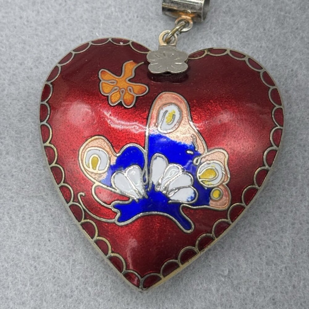 Vtg Cloisonne Puffy Heart Pendant Butterfly Floral Enamel Double Sided Colorful